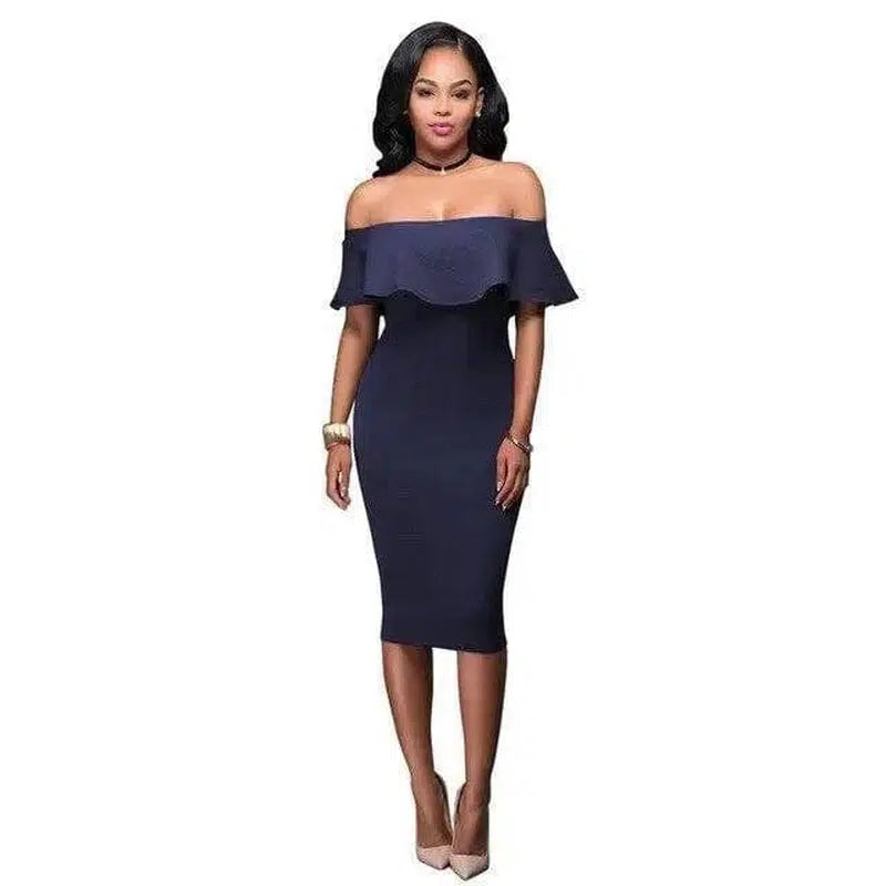 Off Shoulder Ruffles Dress-Navy-23