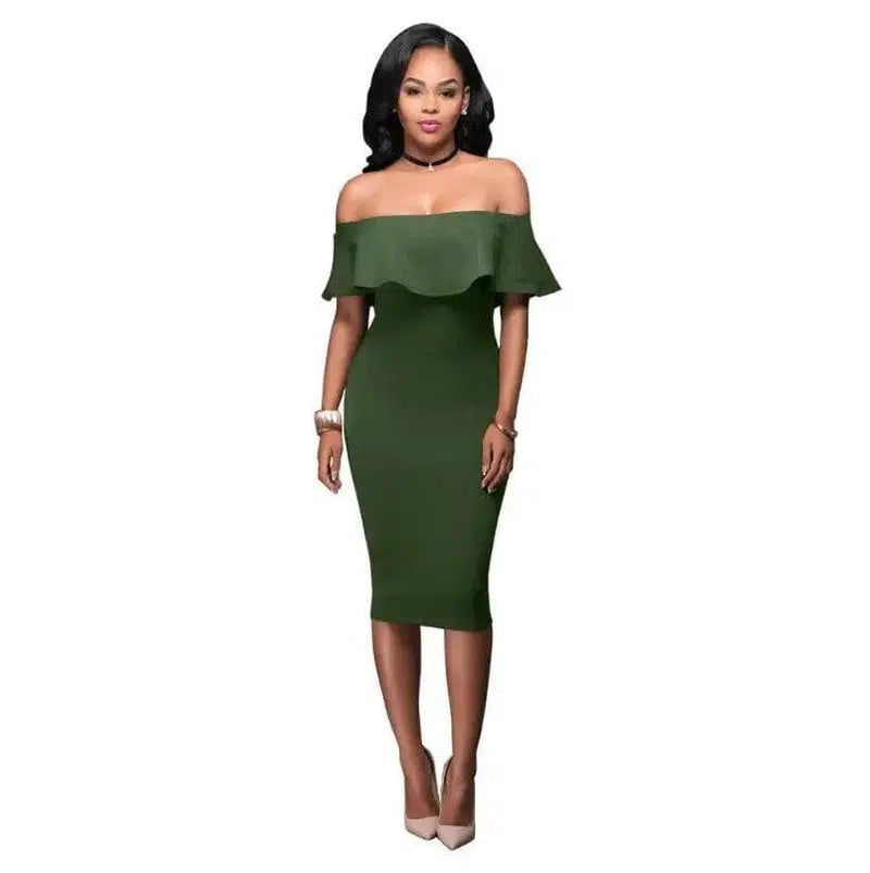 Off Shoulder Ruffles Dress-Green-33