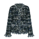 Women's Fringe Tweed Jacket-Navy-2