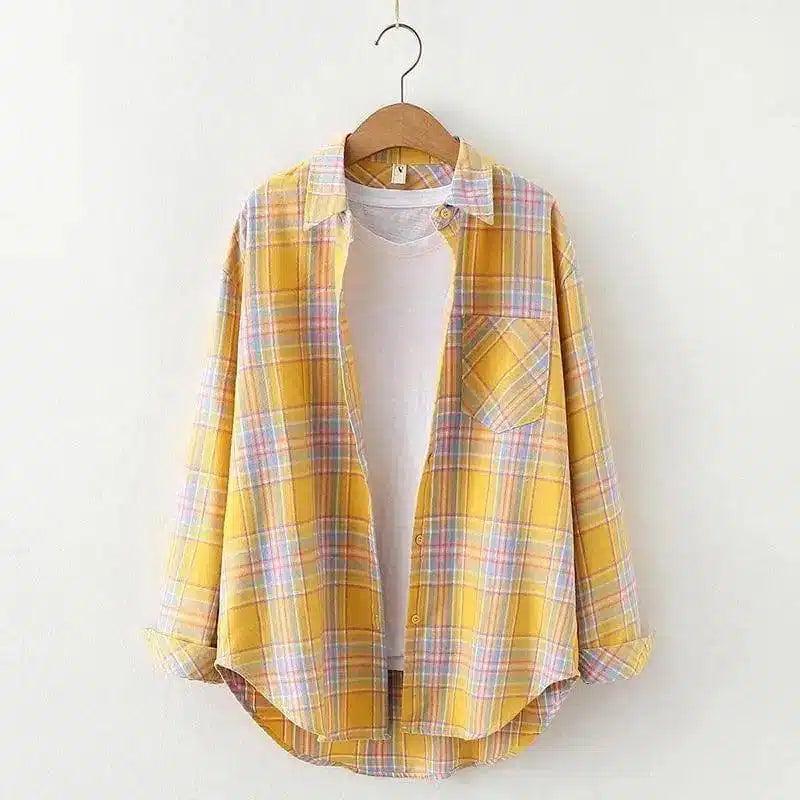 Plaid Cotton Casual Shirt with Pocket-Yellow grid-12