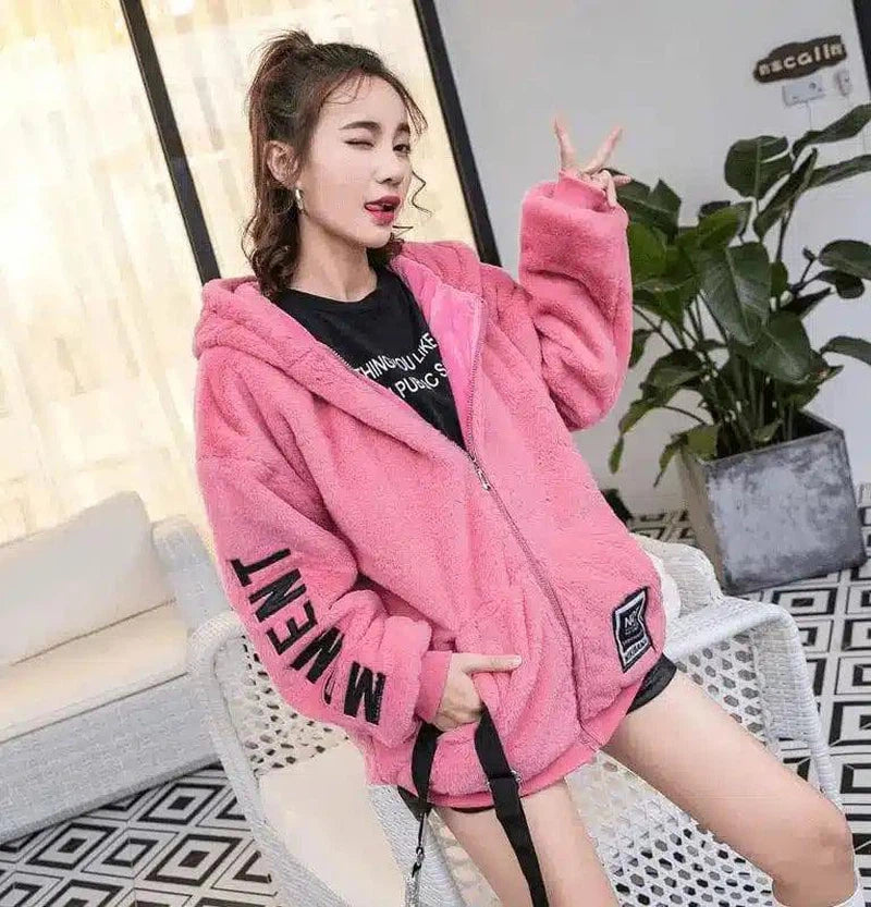 Fuzzy Zip-Up Hoodie with Pockets for Women-Pink-1