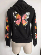 Floral Sleeve Zip Hoodie with Pockets-Black-3