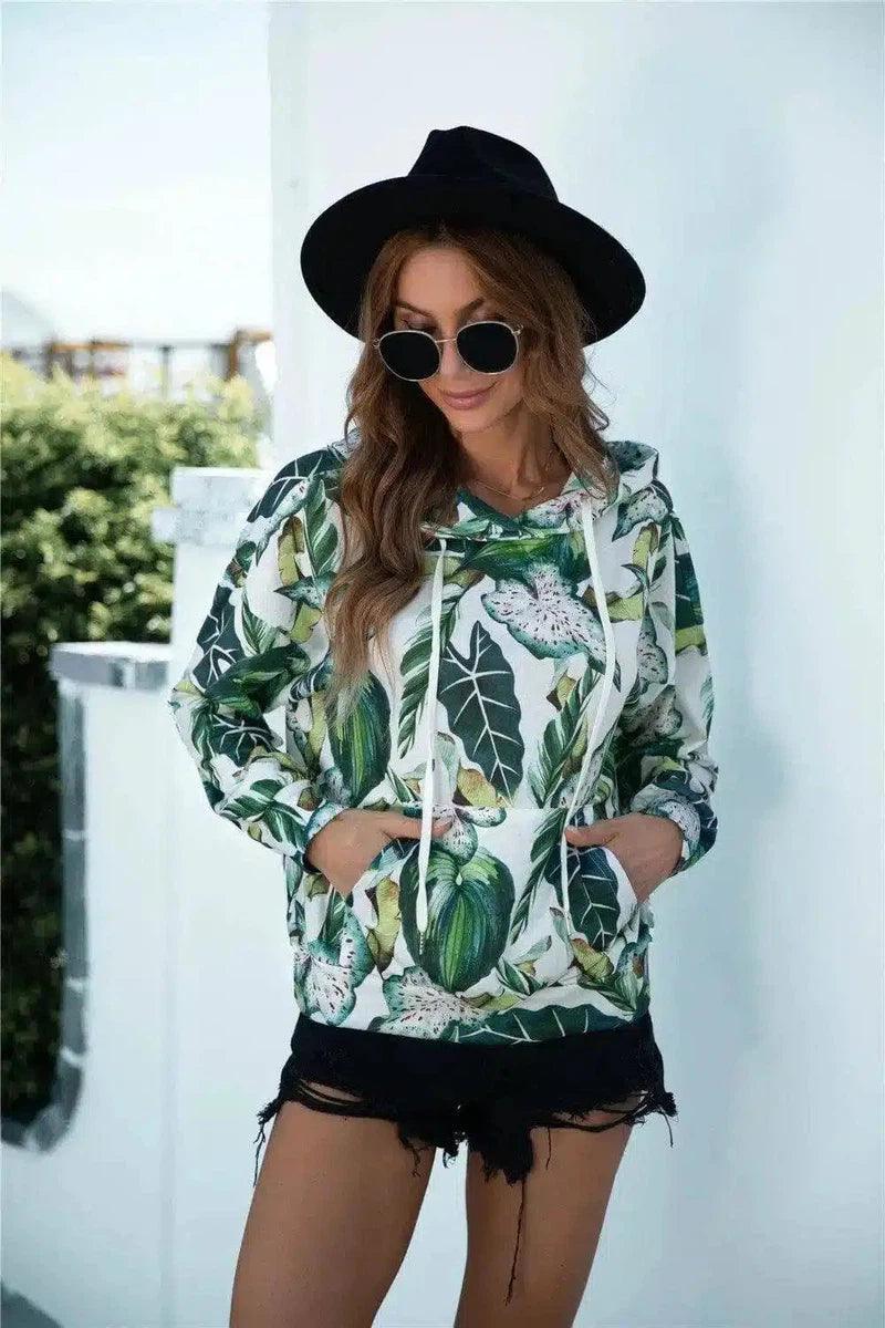 Floral Hooded Women's Casual Zip-Up Jacket-Yellowgreen-4