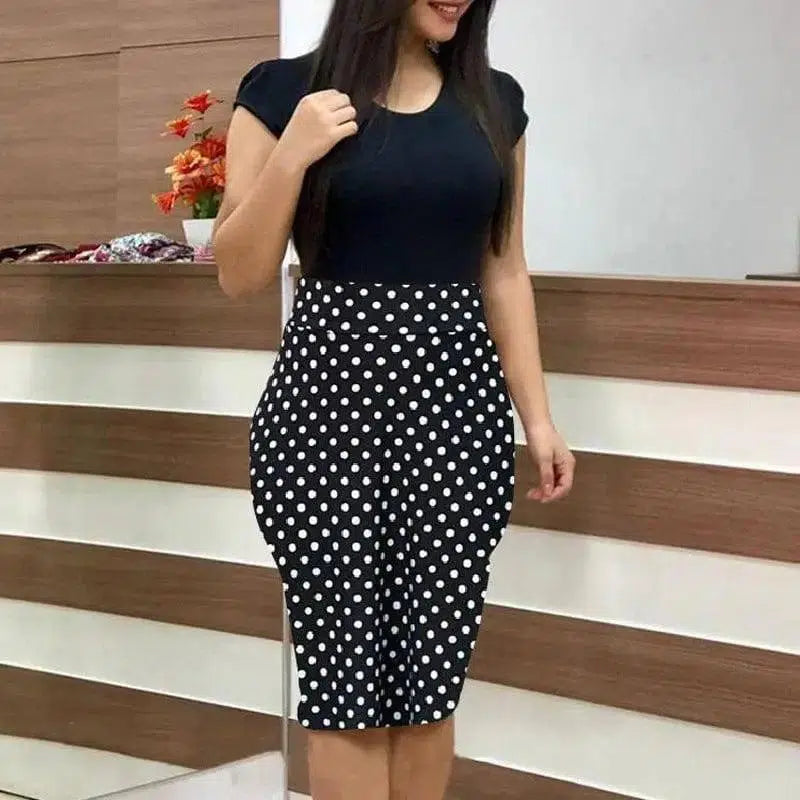 Printed Office Midi Pencil Dress Large Women Dress-Black-10