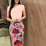 Printed Office Midi Pencil Dress Large Women Dress-Pink-20