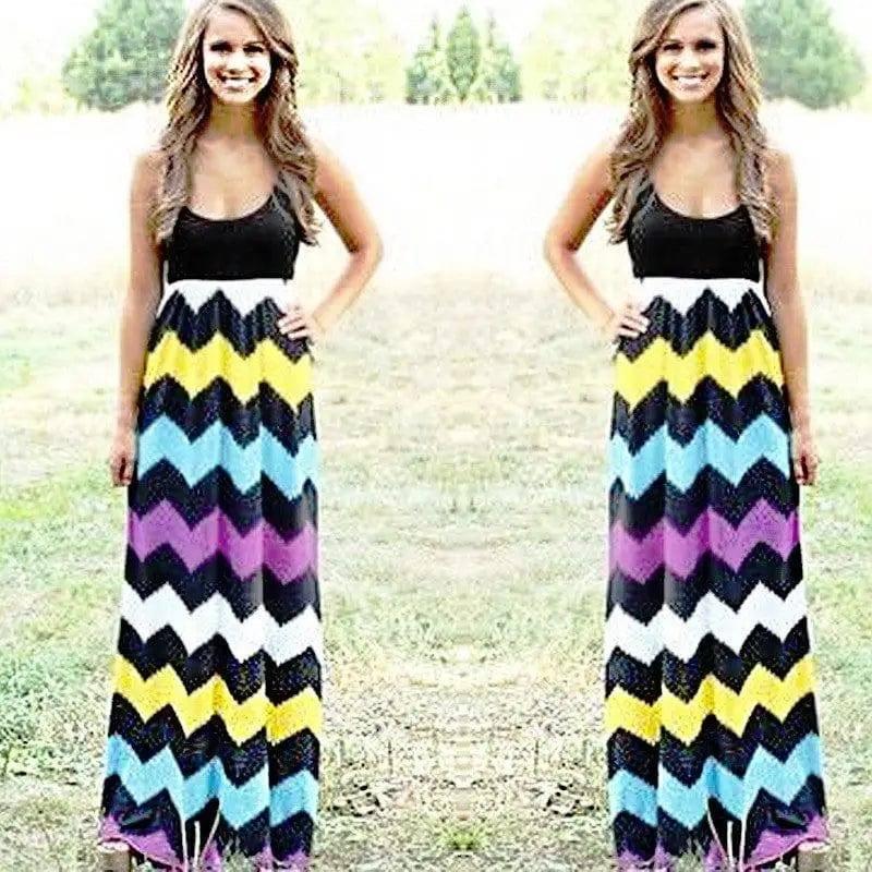 Printed Waves Stripe Long Skirt Dress-Black-22