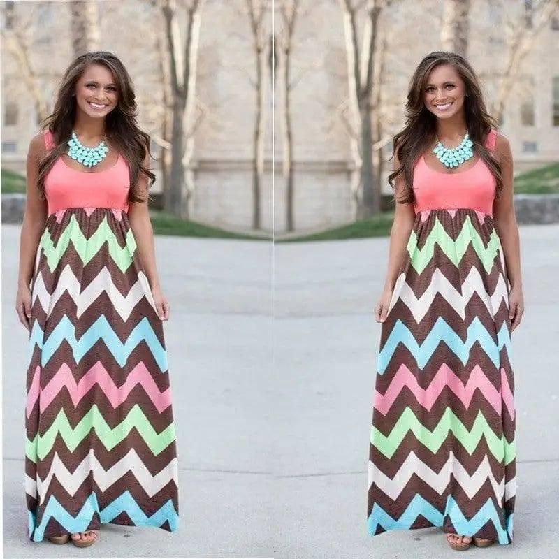 Printed Waves Stripe Long Skirt Dress-Pink-5