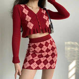 Women's Knit Cardigan and Skirt Set-Red-4