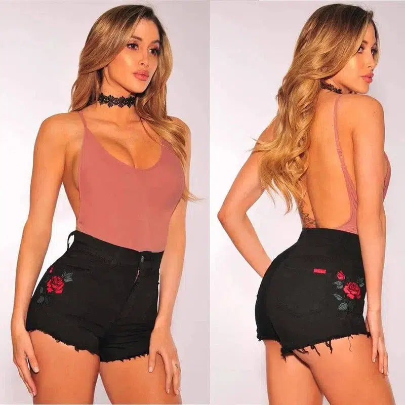 Rose Embroidered Denim Shorts-Black-12