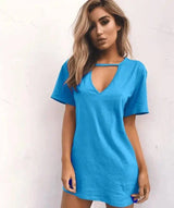 deep V short-sleeved T-shirt loose casual dress-Skyblue-72