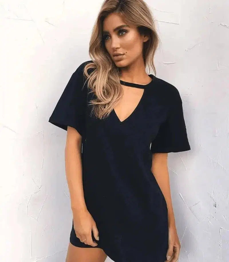 deep V short-sleeved T-shirt loose casual dress-black-79