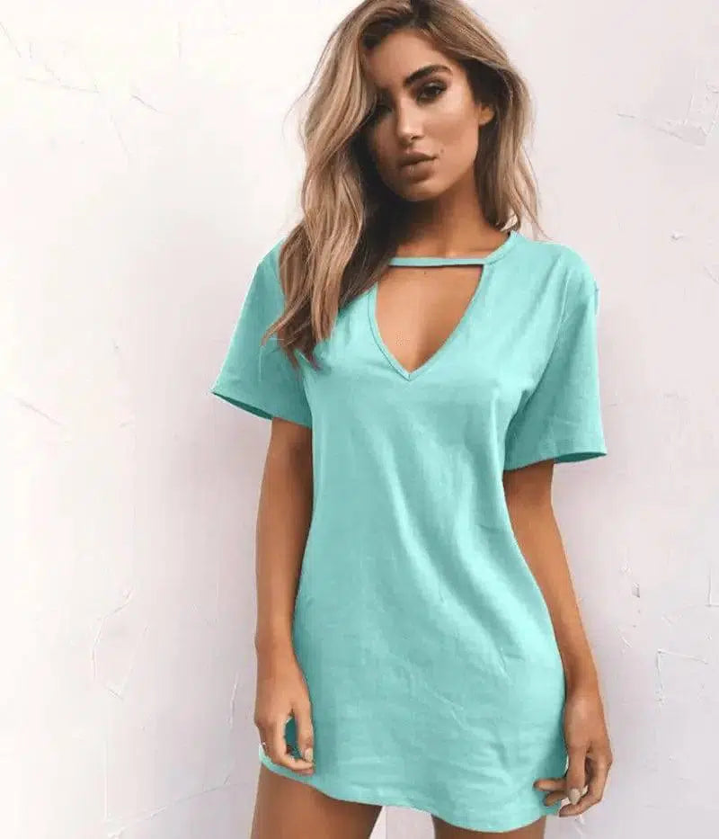 deep V short-sleeved T-shirt loose casual dress-9