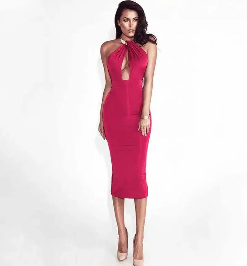 dress hanging neck nightclub bag hip skirt midi dress-Red-12