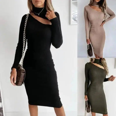 Off-Shoulder Long-Sleeved Knitted Solid Color Dress-1