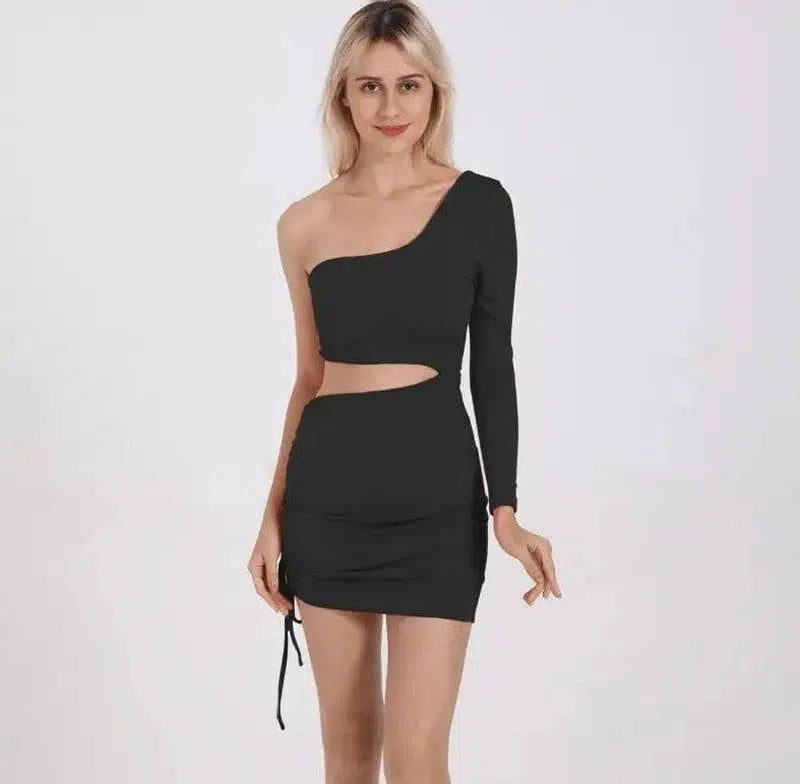 One Shoulder Cutout Long Sleeve Hip Dress-black-29