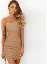 One Shoulder Cutout Long Sleeve Hip Dress-9