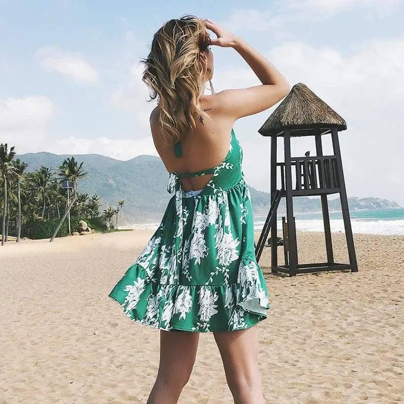 LOVEMI - Lovemi - Sexy V-neck Halter Print Sleeveless Beach Dress