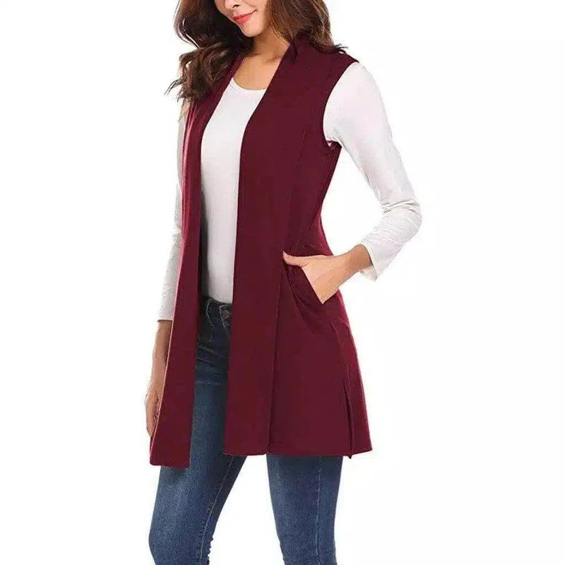 Sleeveless Pocketed Long Vest for Women-Red-2