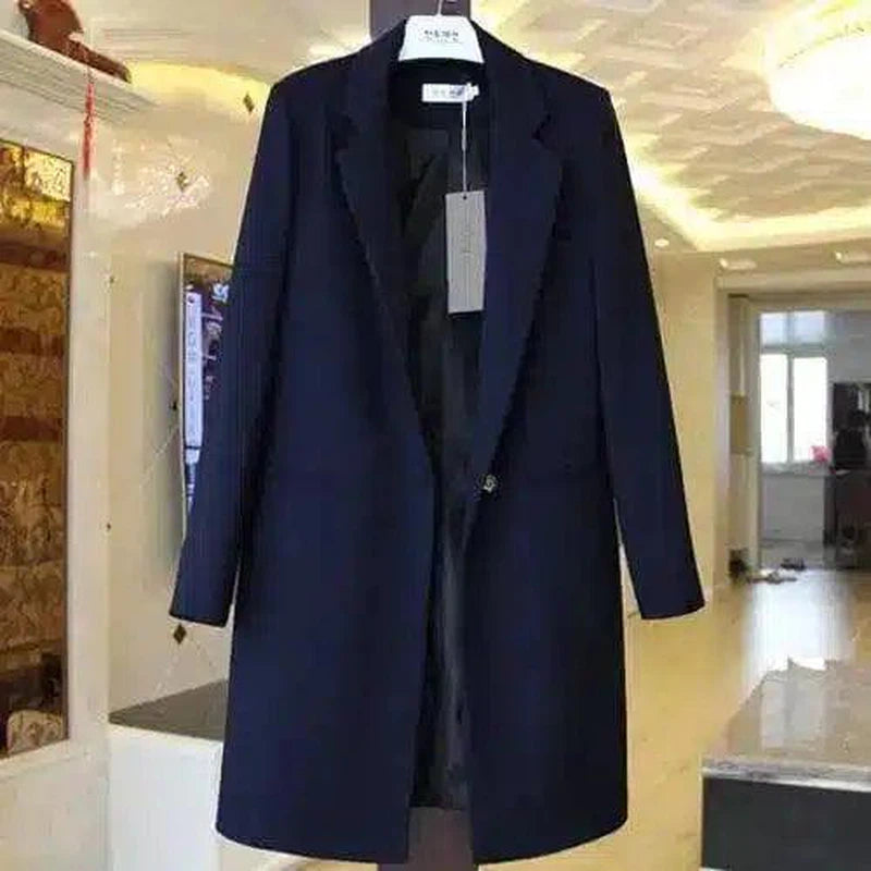 Women's Long Sleeve Mid-Length Coat-Navy blue-4