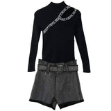 Turtleneck Bodysuit with Belted Shorts-Black-1