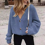 Womens Knit Buttoned Cardigan Sweater-Blue-5