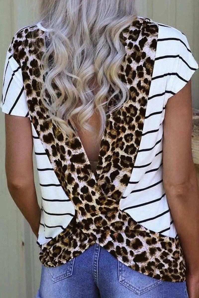 LOVEMI - Lovemi - Striped Leopard Stitching Halter T-shirt