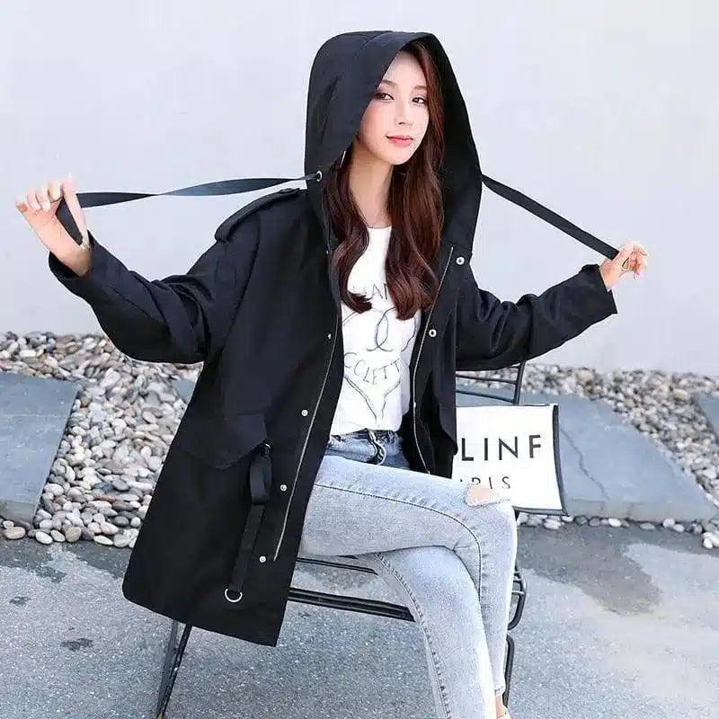 Hooded Raincoat with Drawstring Waist-Black-2