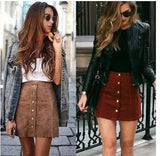 Suede Button-Front Skirt in Brown and Claret-4