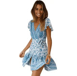 Summer V-neck bohemian print dress skirt women-Skyblue-27