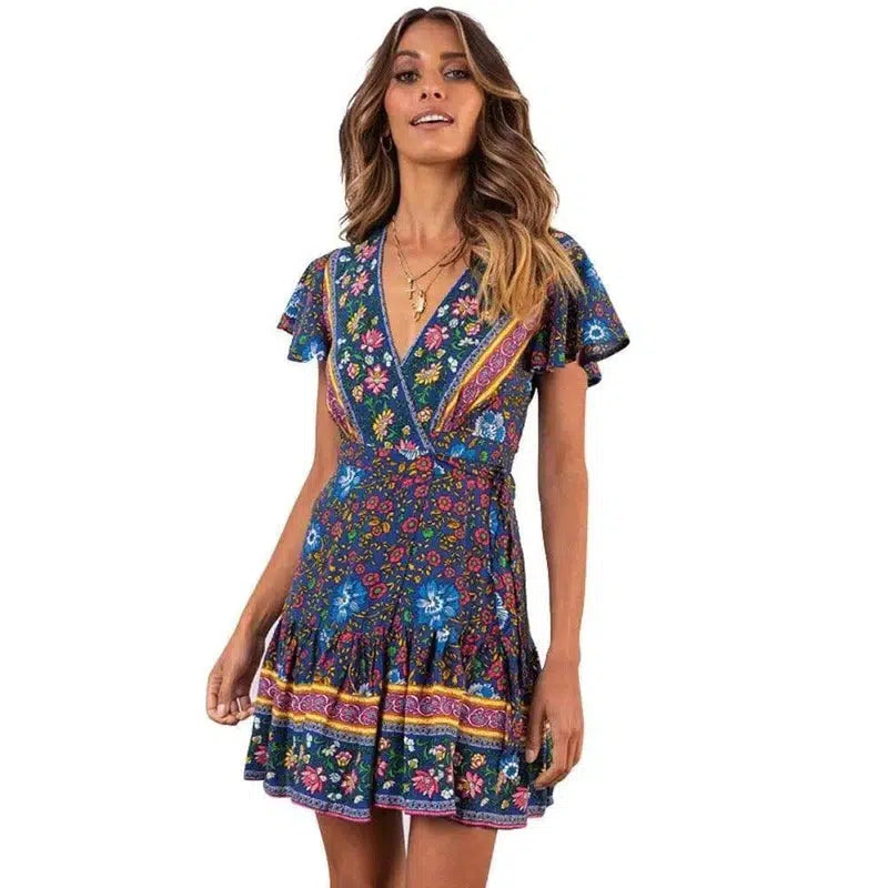 Summer V-neck bohemian print dress skirt women-Blackblue-49