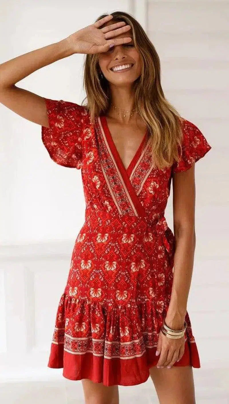 Summer V-neck bohemian print dress skirt women-Red-68