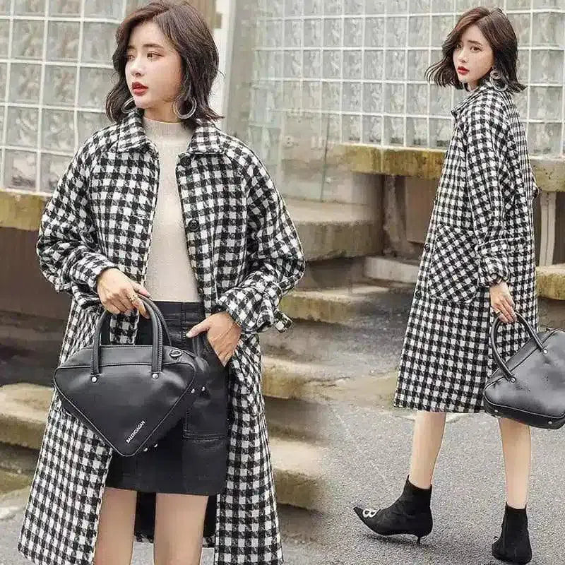 Houndstooth Long Coat for Women-Black and white grid-2