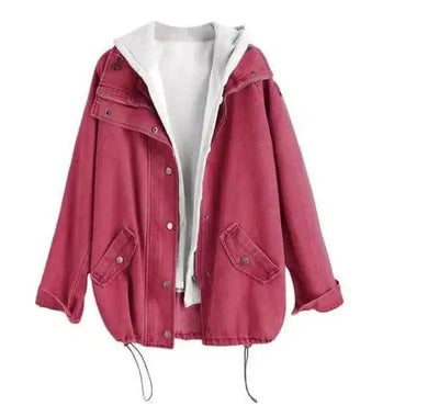 Two-piece denim hooded jacket-Red-4