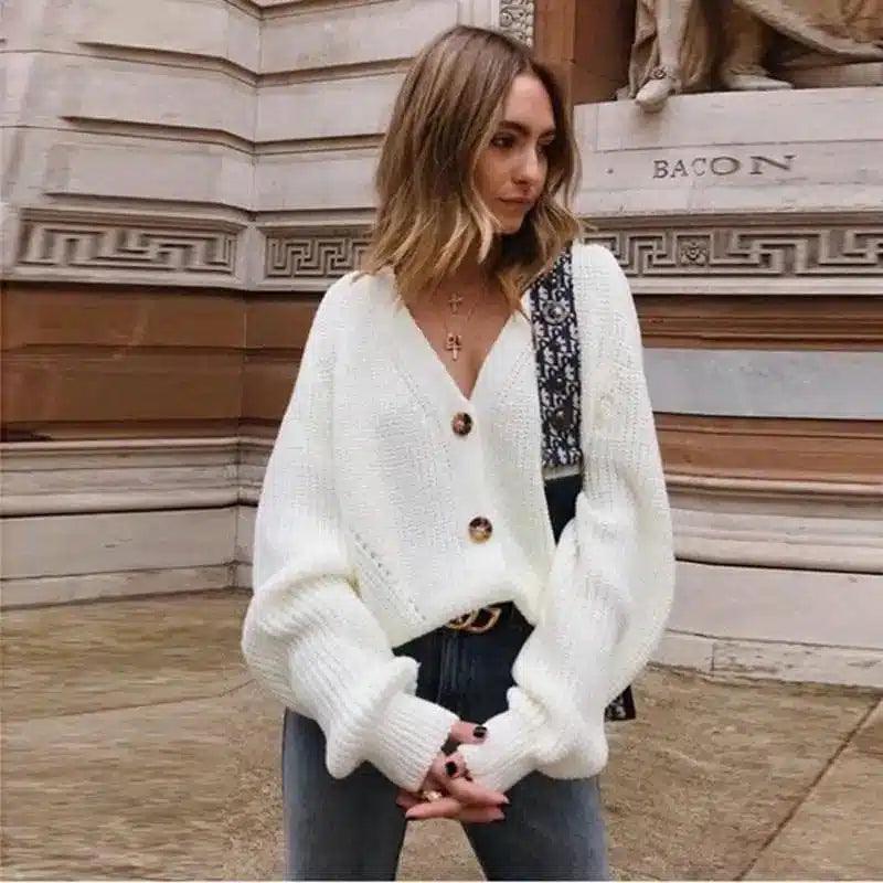 V-Neck Knit Sweater with Colorful Buttons-White-1