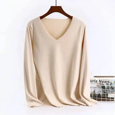 Women's V-Neck Long Sleeve Blouse-Beige-5