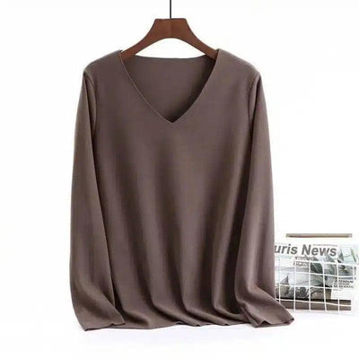 Women's V-Neck Long Sleeve Blouse-Brown-7