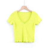 Women's Fitted V-Neck Ribbed Tee-Yellow-5