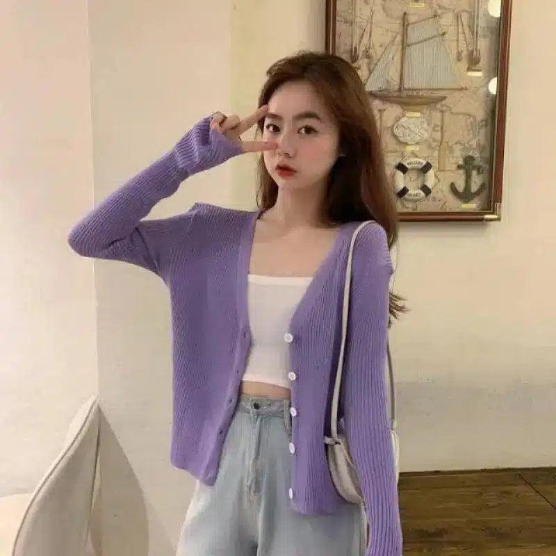 Cozy Knit Buttoned Cardigan for Women-Purple-6