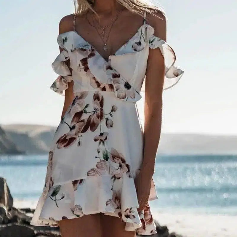 V-neck sling print hem ruffled dress-3