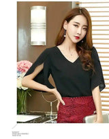 V-Neck Flutter Sleeve Women's Blouse-Black-1