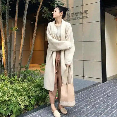 Warm Long Coat & Knit Dress Women's Fashion Combo-Beige-2