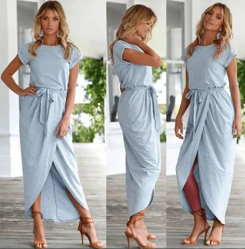 Versatile Wrap Midi Dress in Assorted Colors-Lightblue-18