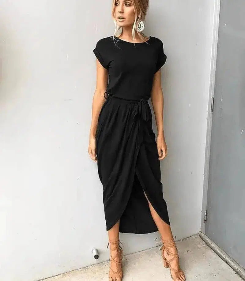 Versatile Wrap Midi Dress in Assorted Colors-Black-50