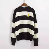 Striped Crewneck Sweater with Embroidered Detail-Black-1