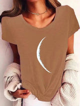 Crescent Moon Print Casual Women's Tee-Khaki-4