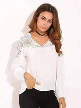 Women Blouse Long Sleeve Lace Trim Tie V-neck Shirt-1