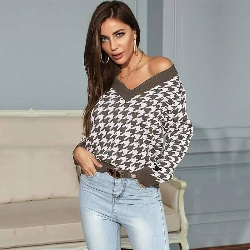 LOVEMI - Lovemi - Women Long-Sleeved Houndstooth Jacquard V-Neck