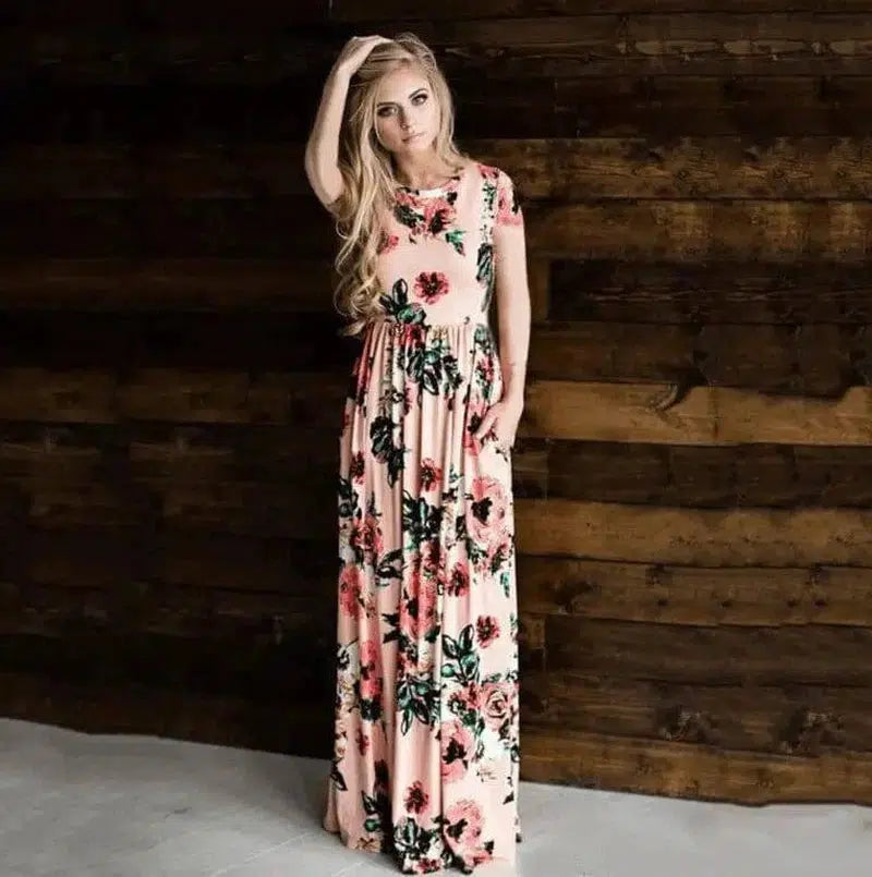 Women's Flower Printing Maxi Dress-Pink-16