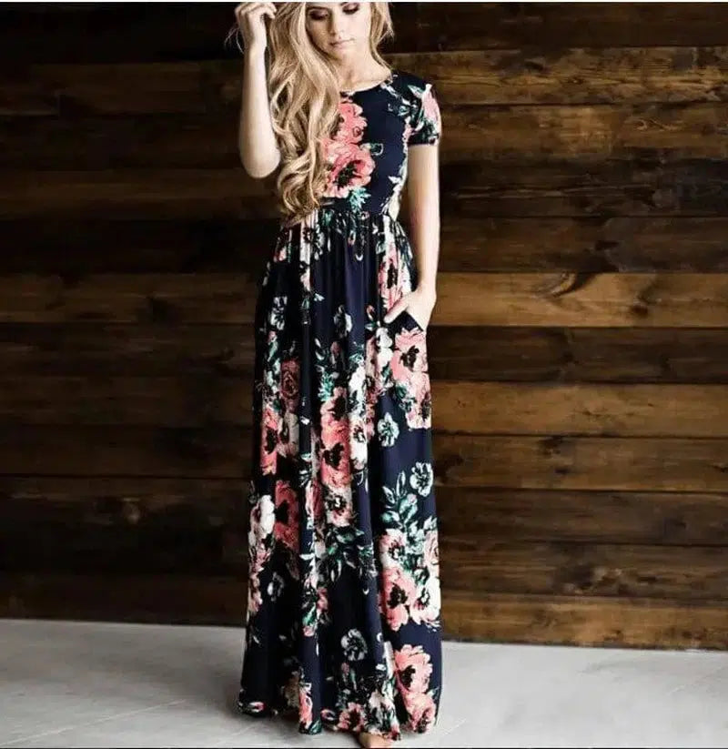 Women's Flower Printing Maxi Dress-DarkBlue-4