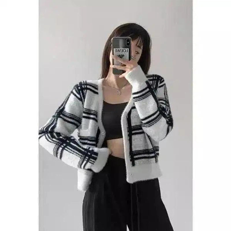 Women's Mohair Check Color-block Knitted Cardigan-Black-1